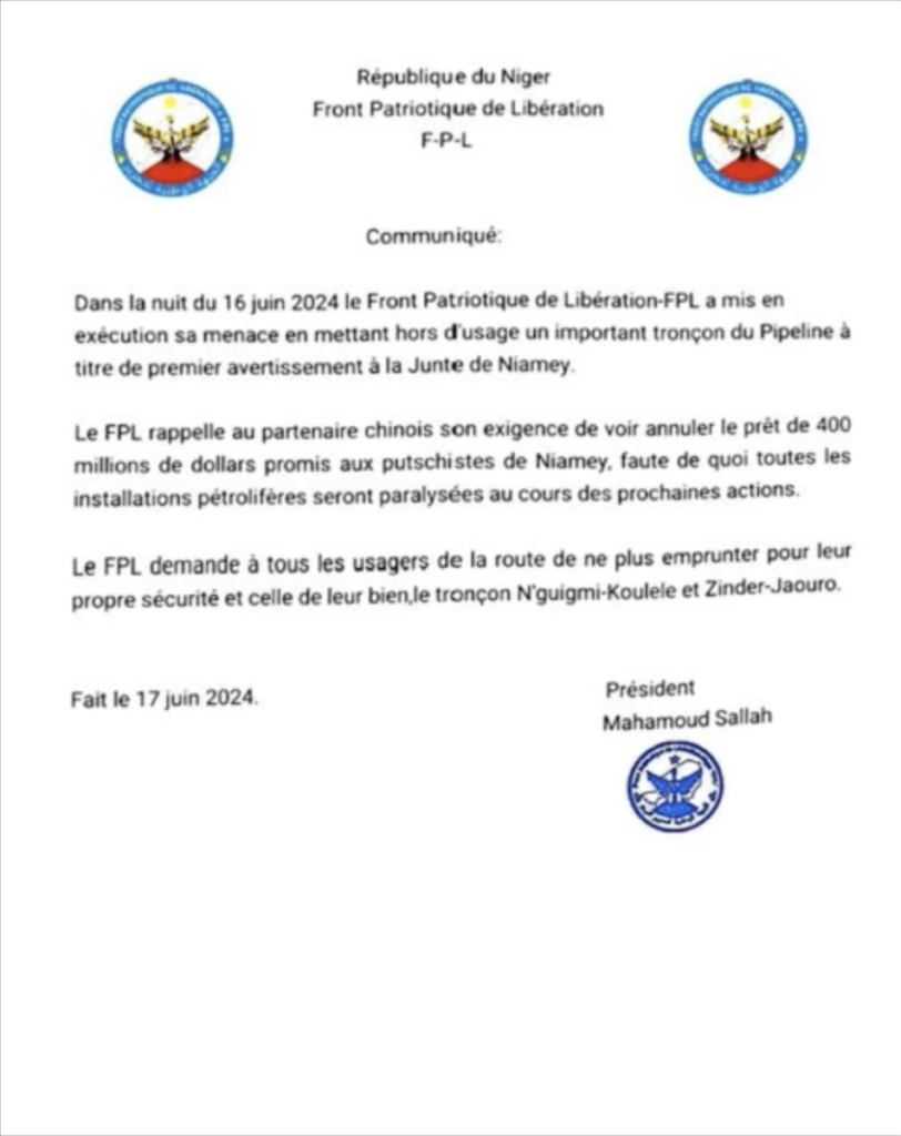 Patriotic Liberation Front (FPL) Militants Sabotaged and Disabled The Niger-Benin Pipeline in Niger - 17 June 2024